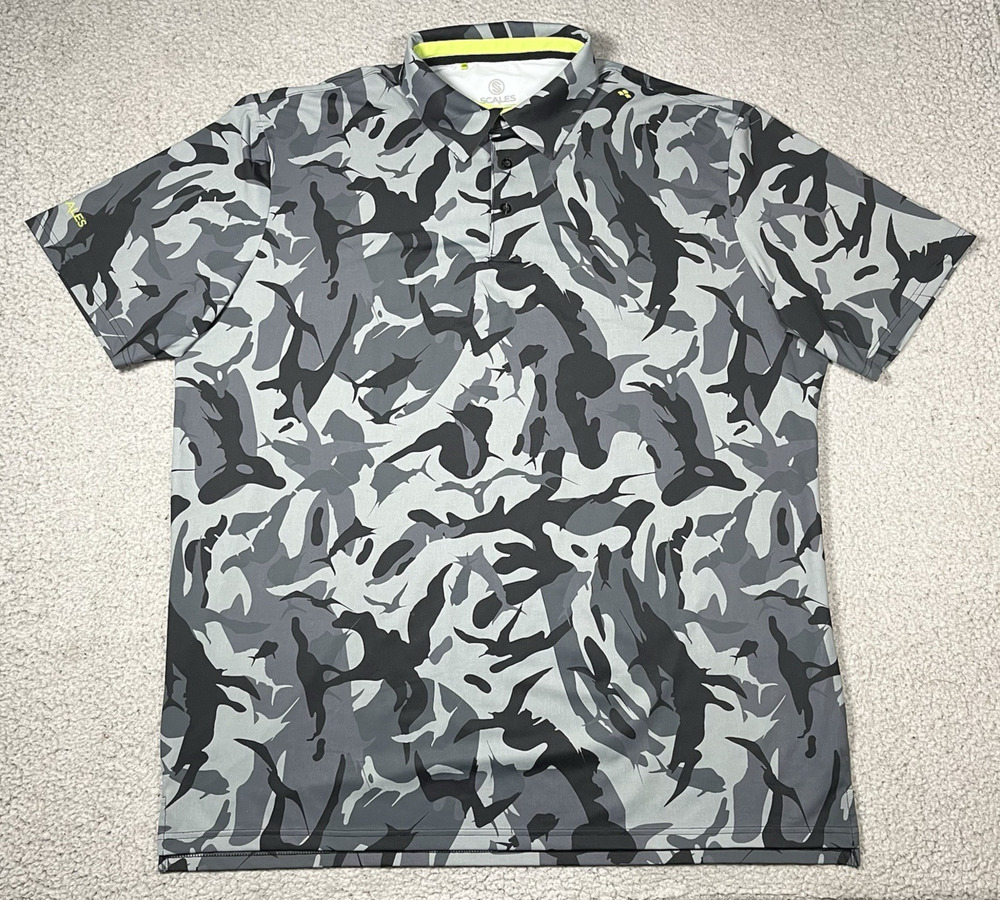 Scales Polo Shirt Mens 2XL Gray Camo Performance Sailfish All Over Print Golf